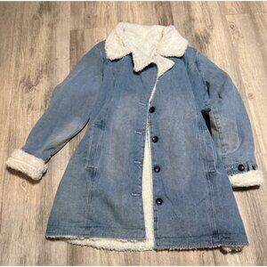 Womens Denim Sherpa Lined Button Front Coat Jacket